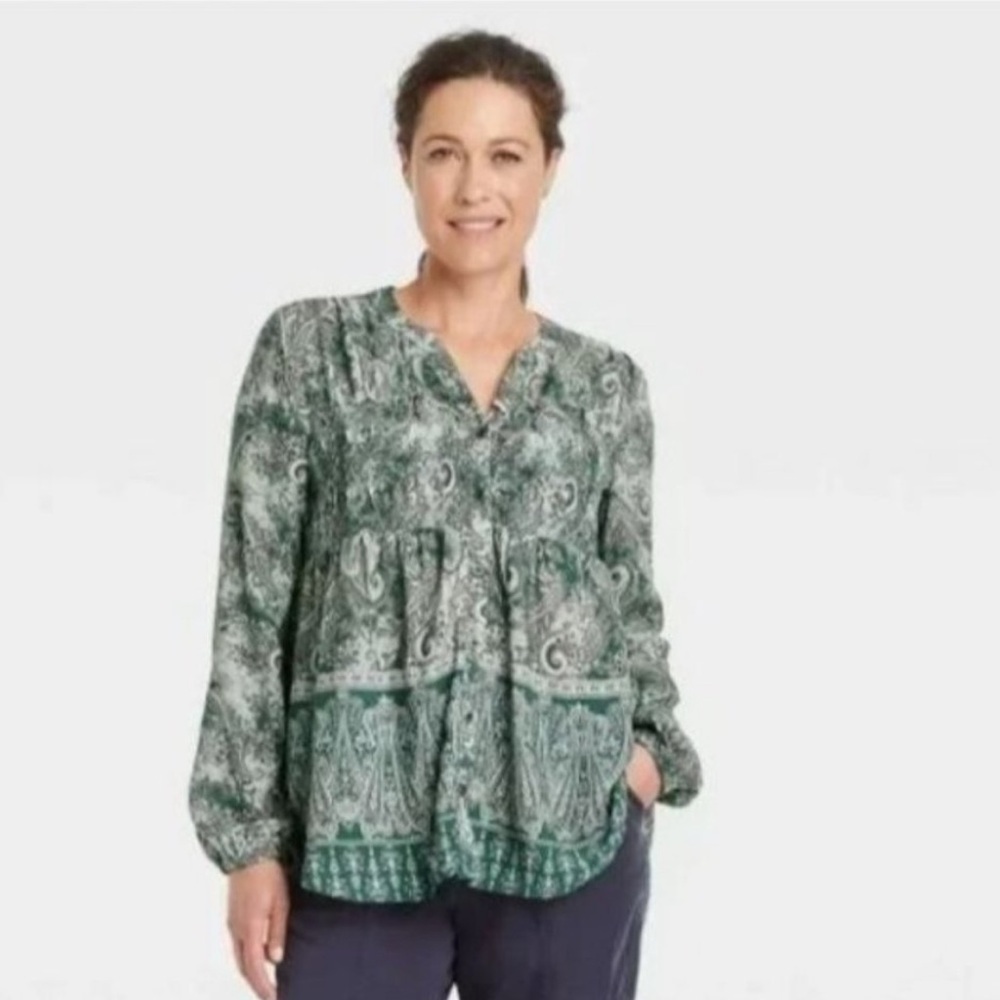 Knox Rose Boho V-Neck Paisley Smocked Peasant Button Down Blouse L Womens
